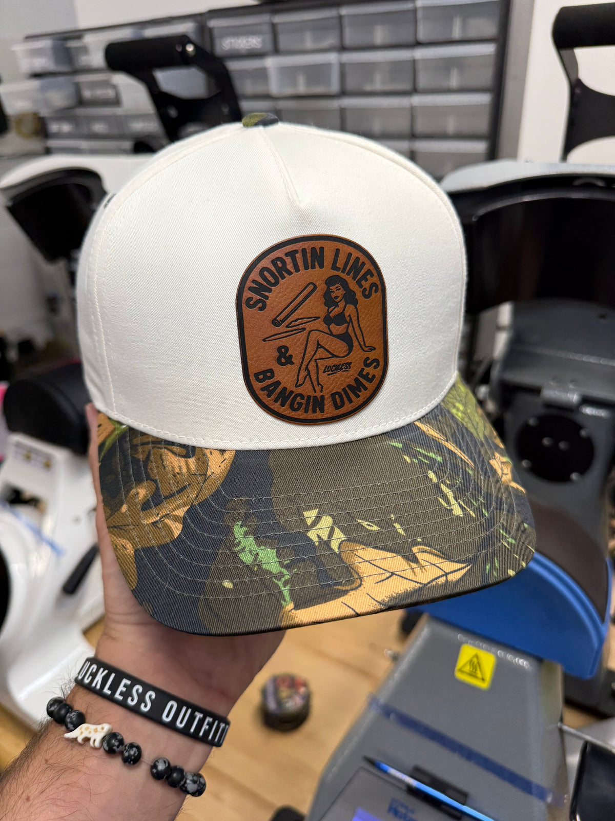 Lines and Dimes Camo Leather Patch Snapback