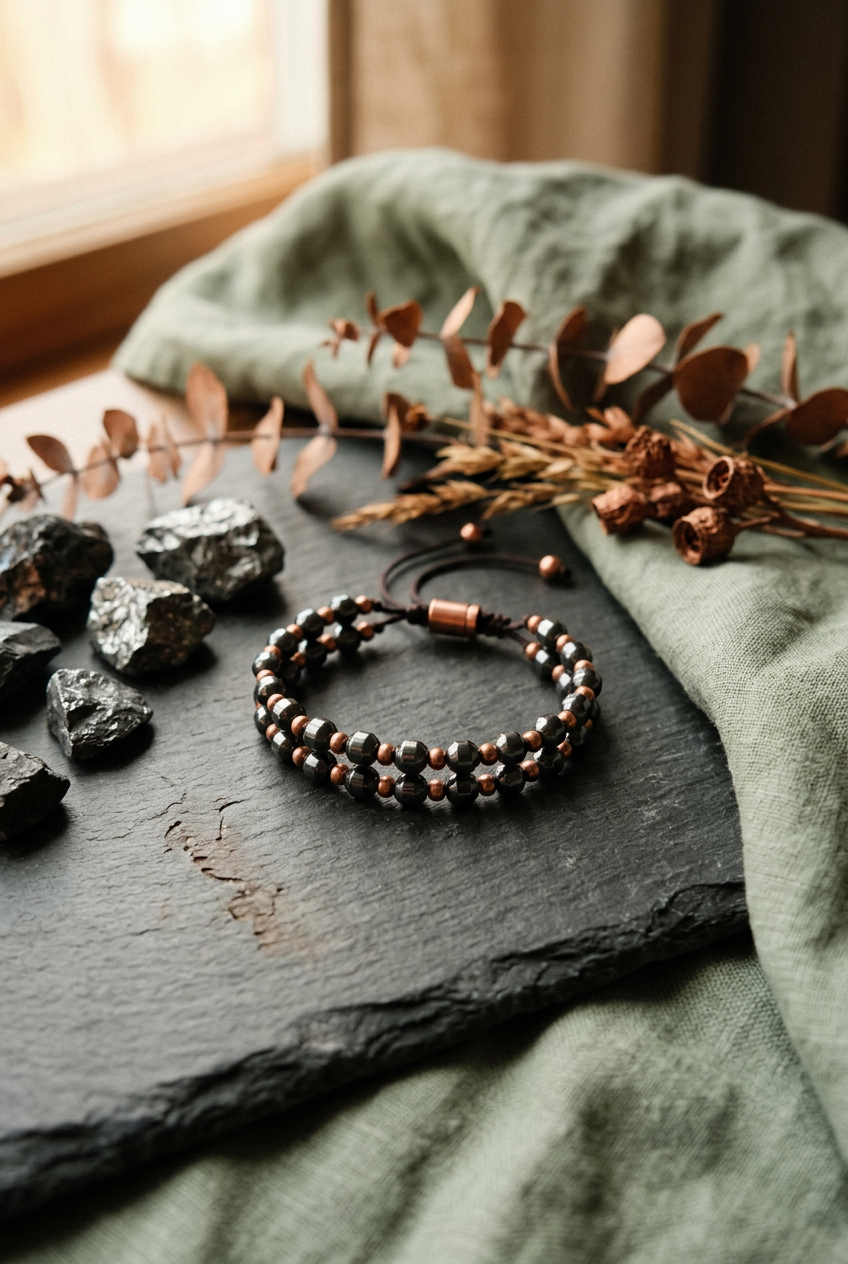 Double row magnetic hematite and copper bracelet on dark slate with raw hematite stones and copper botanicals