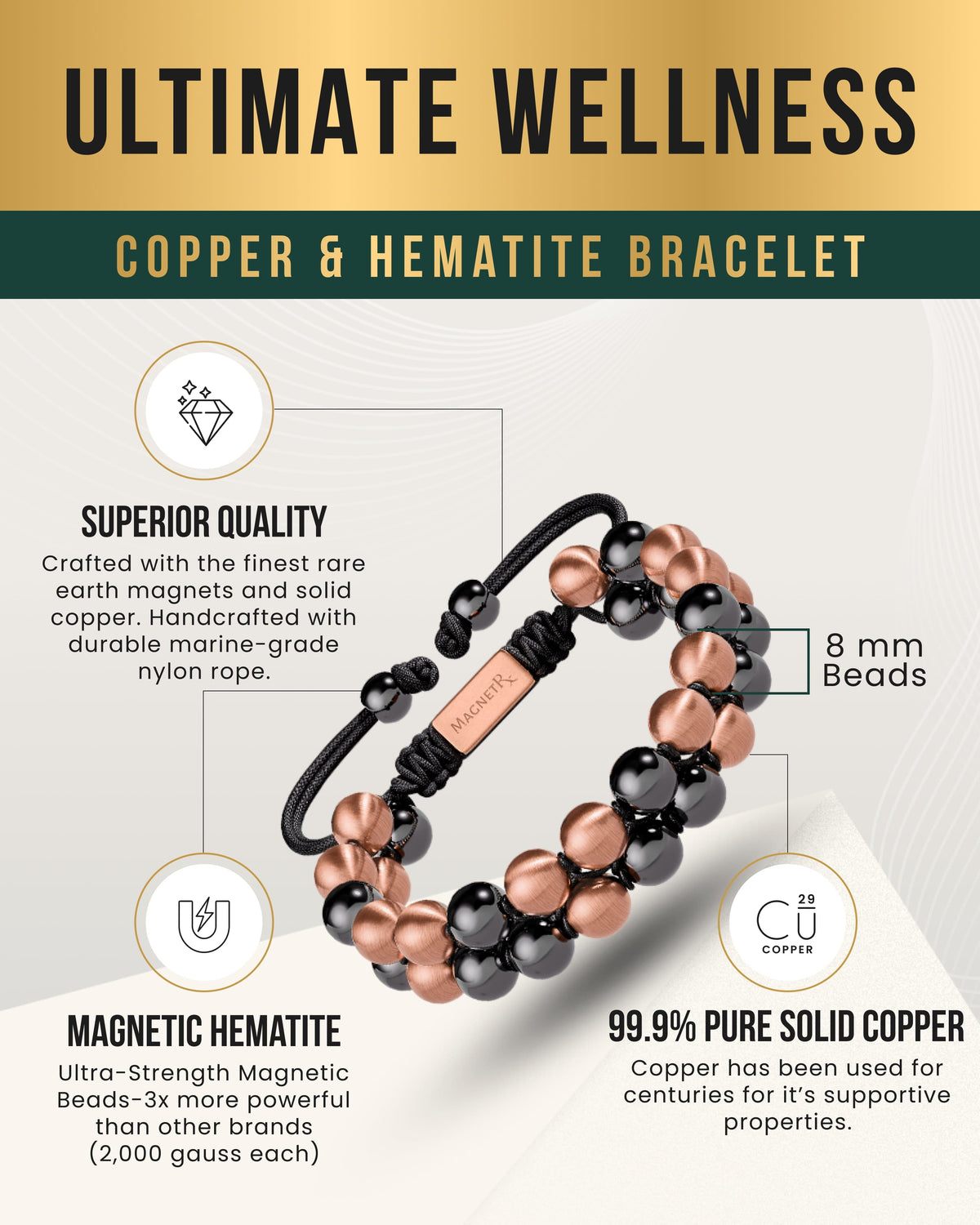 Magnetic Hematite & Copper Bracelet – Double Row | Grounding, Pain Relief & EMF Protection