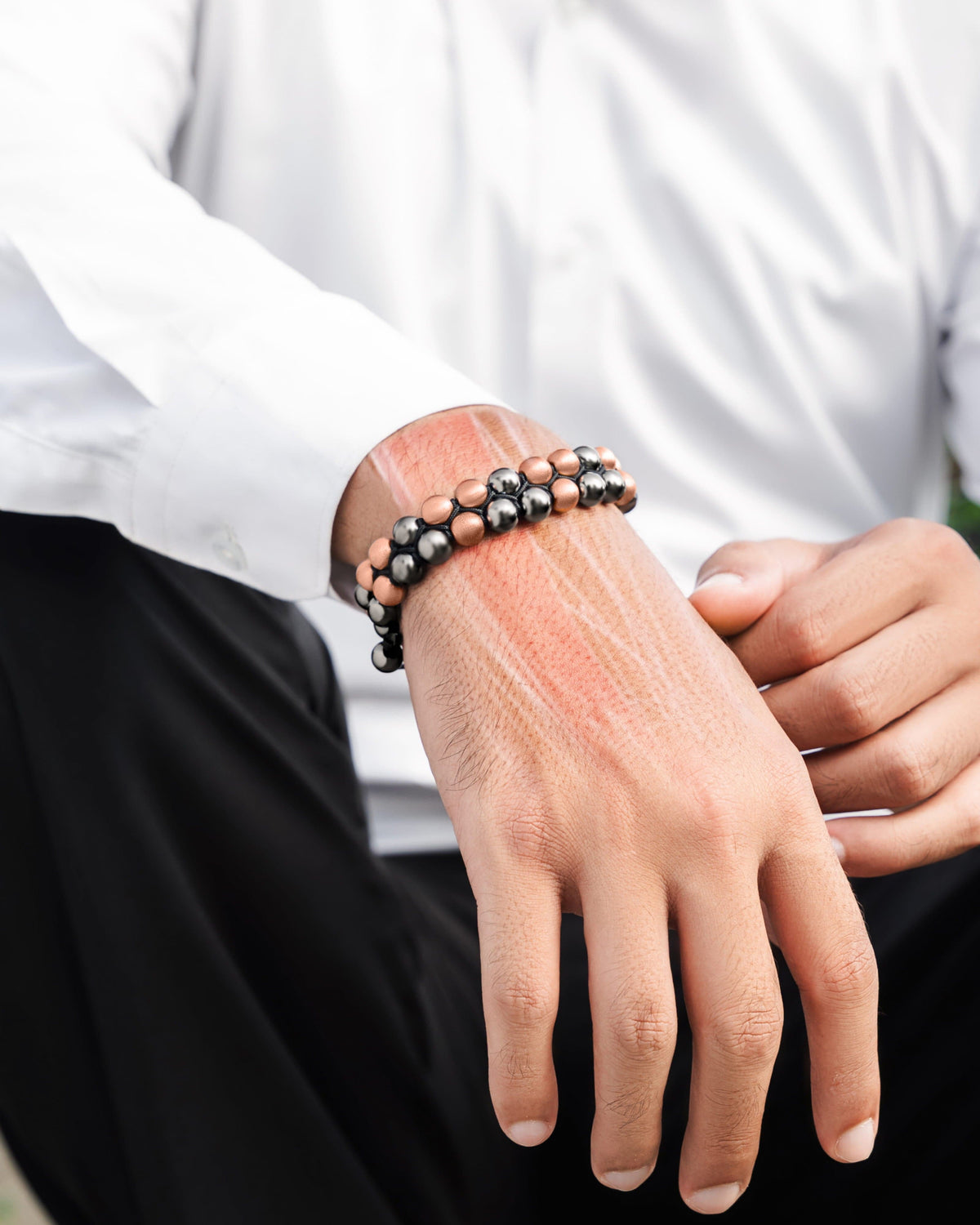Magnetic Hematite & Copper Bracelet – Double Row | Grounding, Pain Relief & EMF Protection