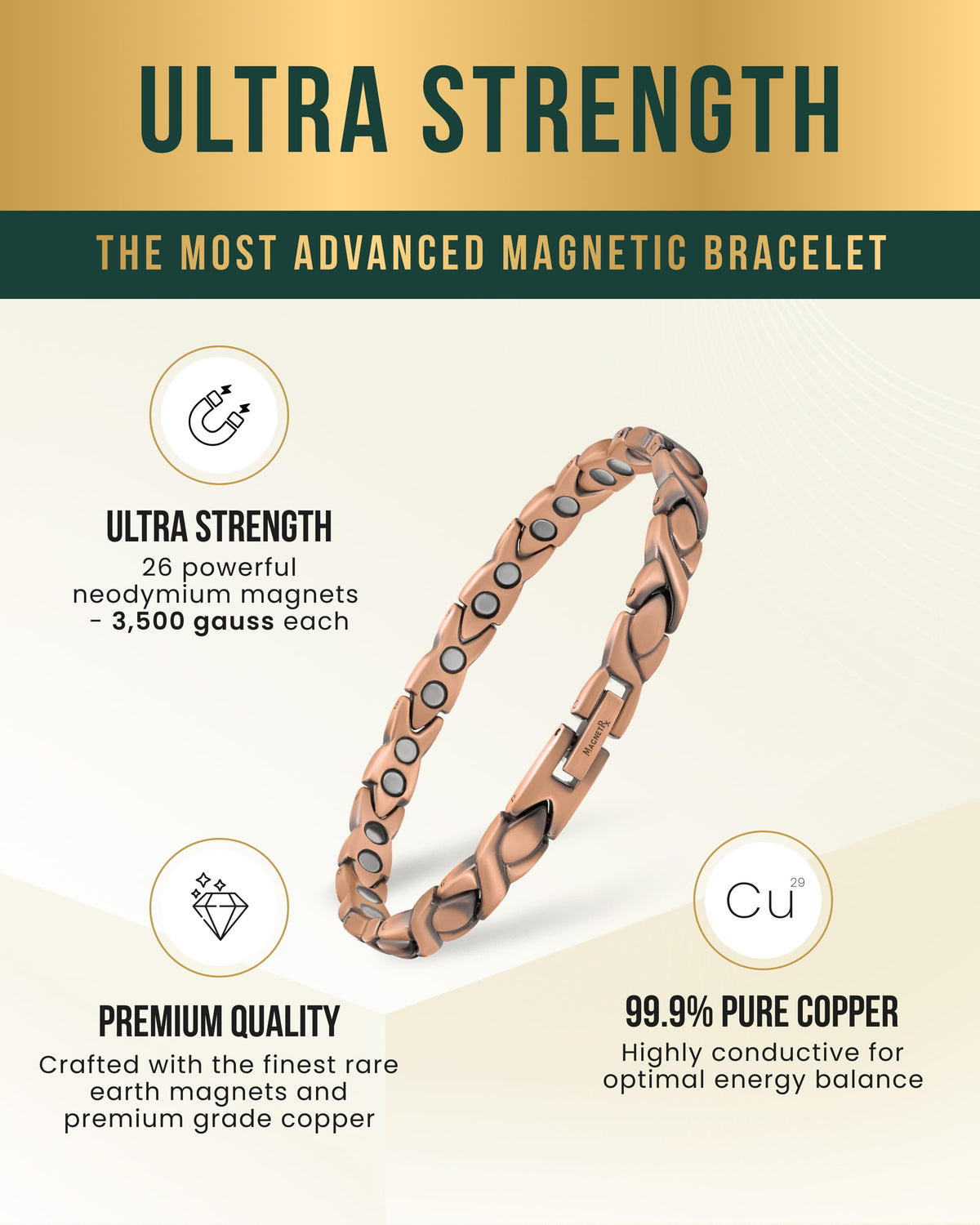 Women’s Ultra Strength Pure Copper Magnetic Therapy Bracelet (XO)